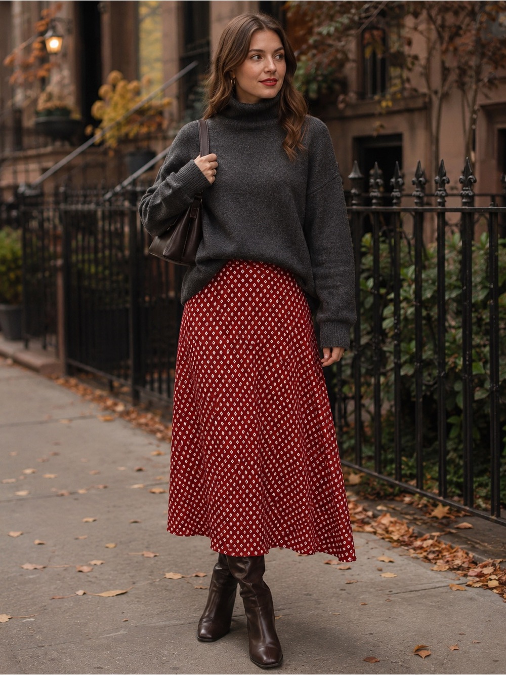 Vintage Rust Red Geometric Print Flowy Midi Skirt Boho Fall